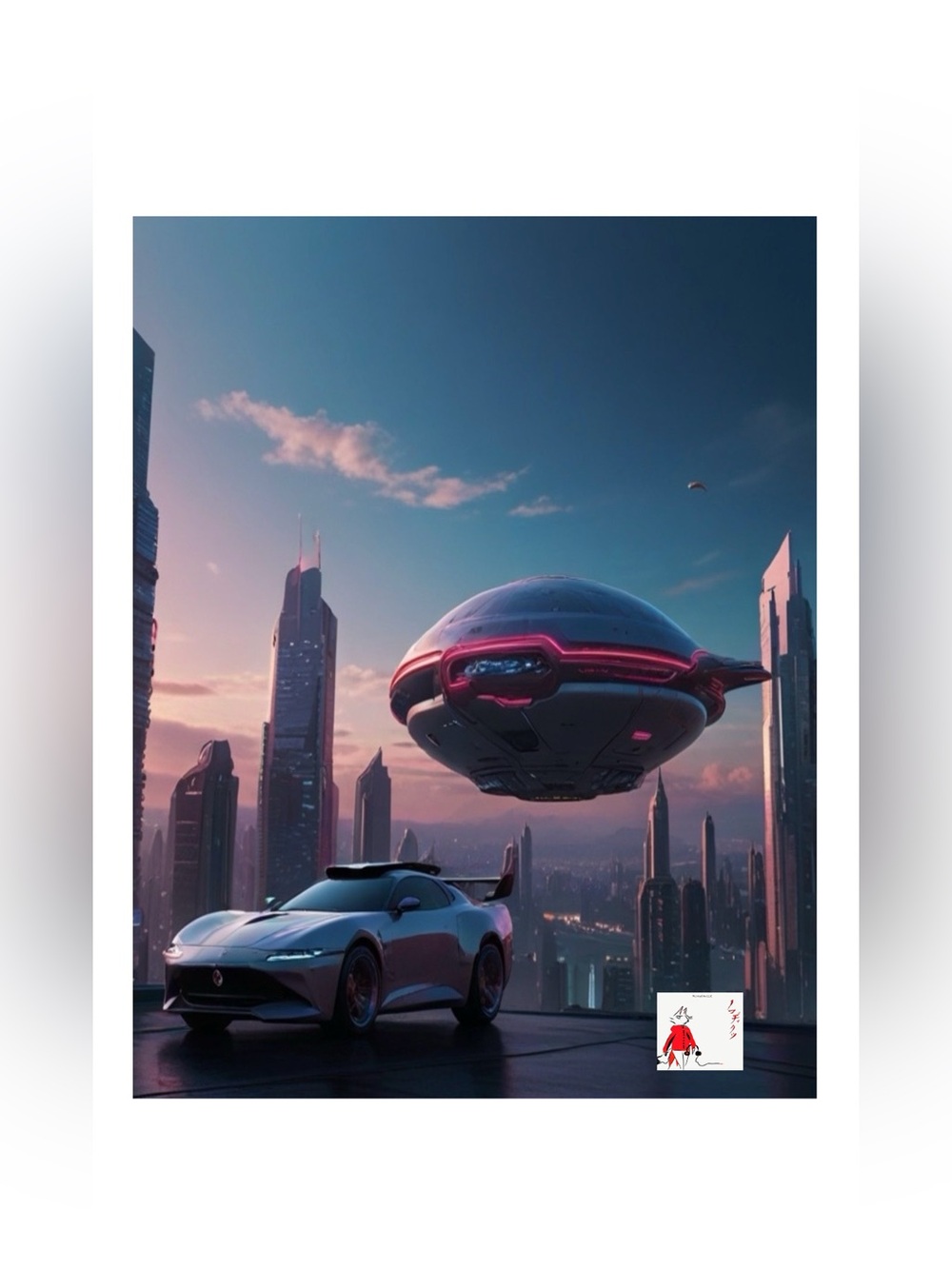Futuristic Cityscape digital printed Poster with Pink and Blue Accents